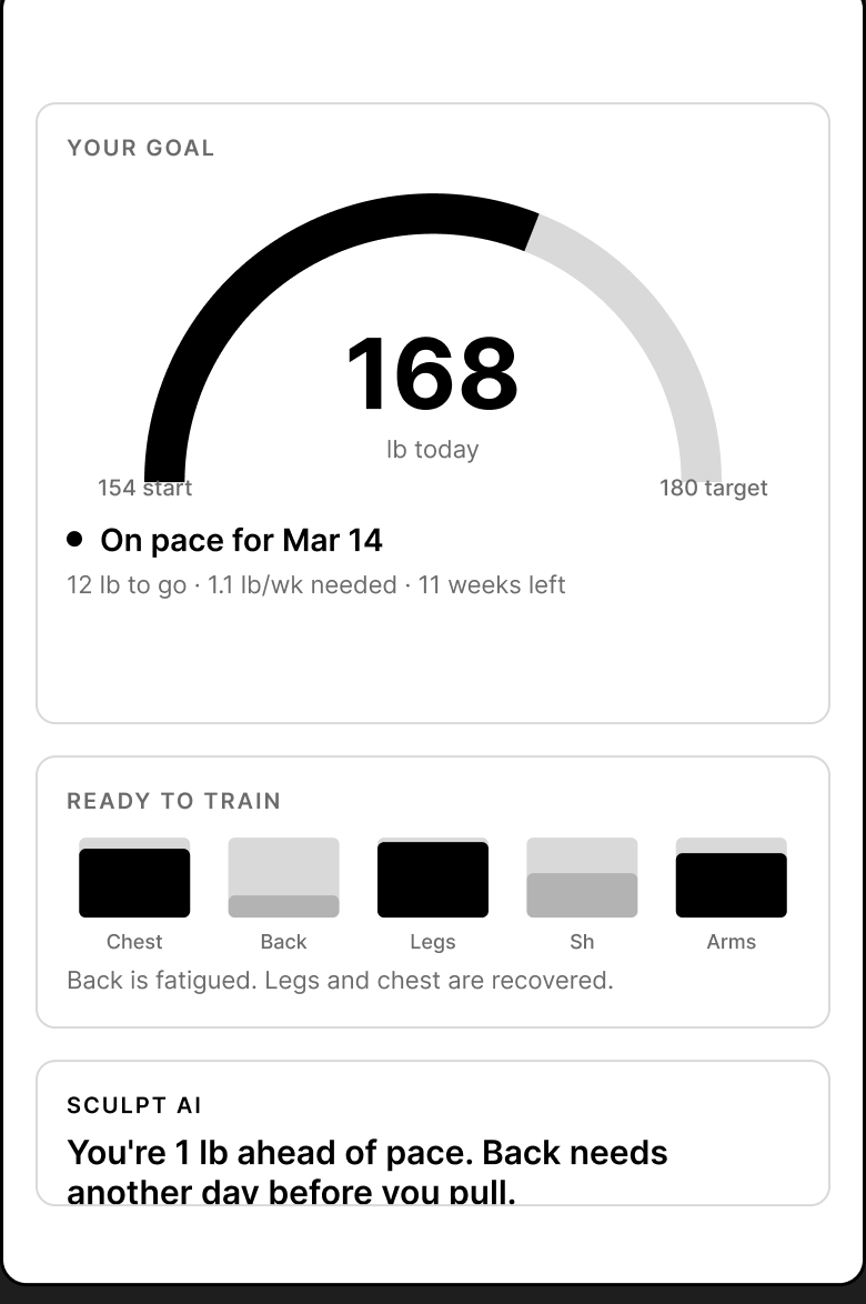 Concept 1 hero: a progress arc showing 168 with start, current, target and deadline markers.