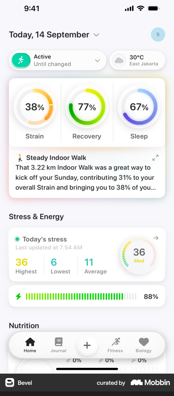 Bevel home screen: three rings grouped inside a single card with a narrative line underneath.