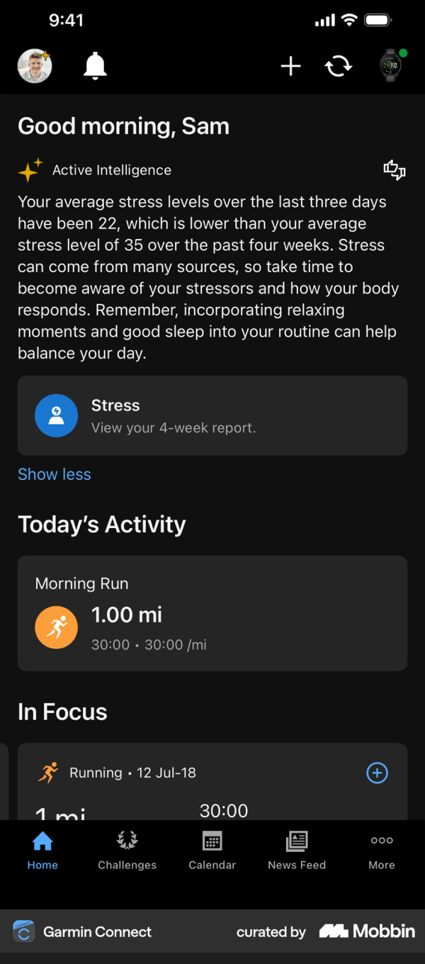 Garmin Connect home screen: an Active Intelligence paragraph above a stat card.