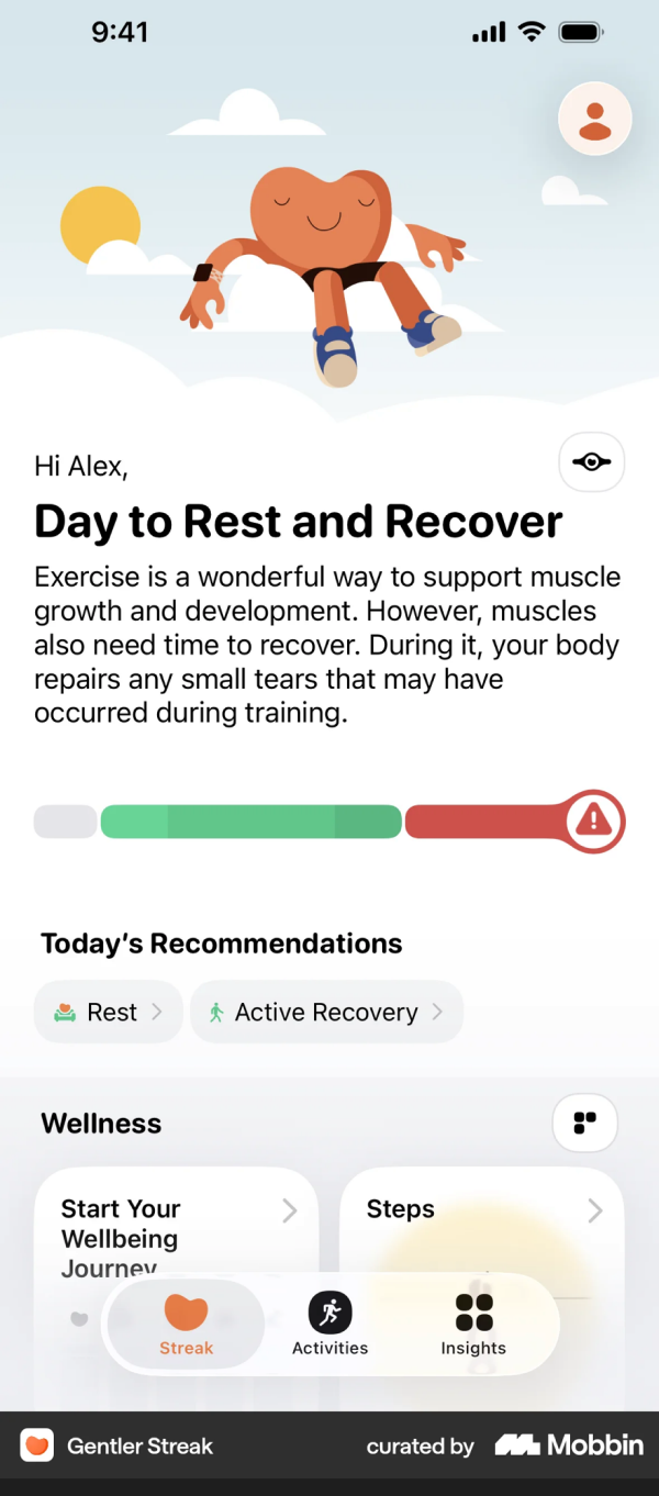 Gentler Streak home screen: a rest recommendation as the hero with a training-load bar beneath it.