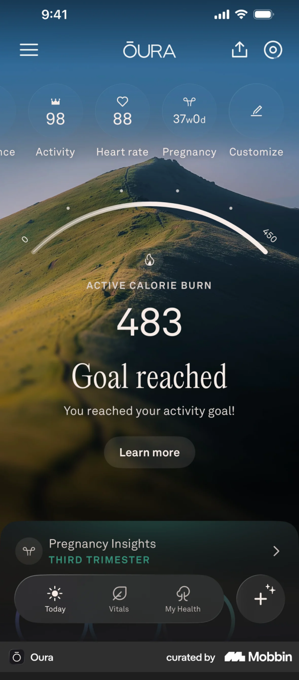 Oura home screen: a full-bleed photographic hero behind a thin progress arc and a serif verdict.