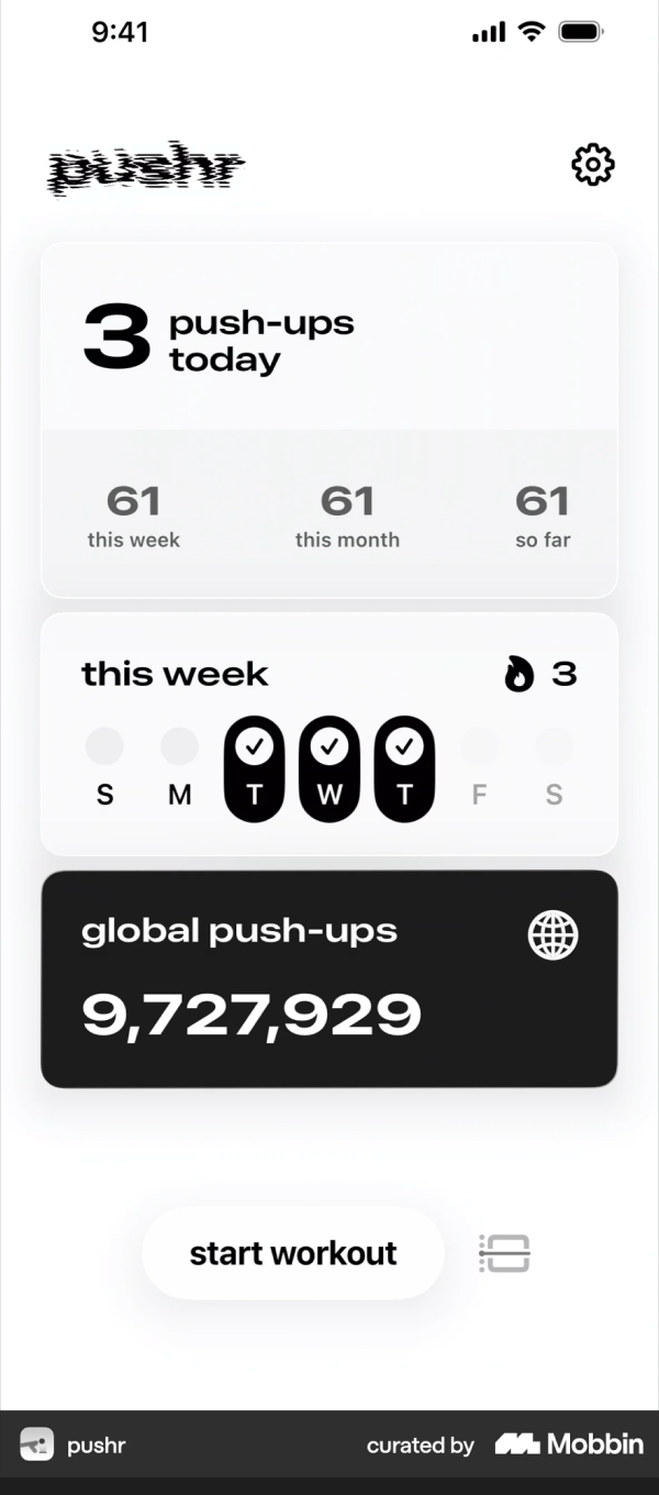 Pushr home screen: black-and-white layout with one metric, three timeframes and a week strip of filled circles.