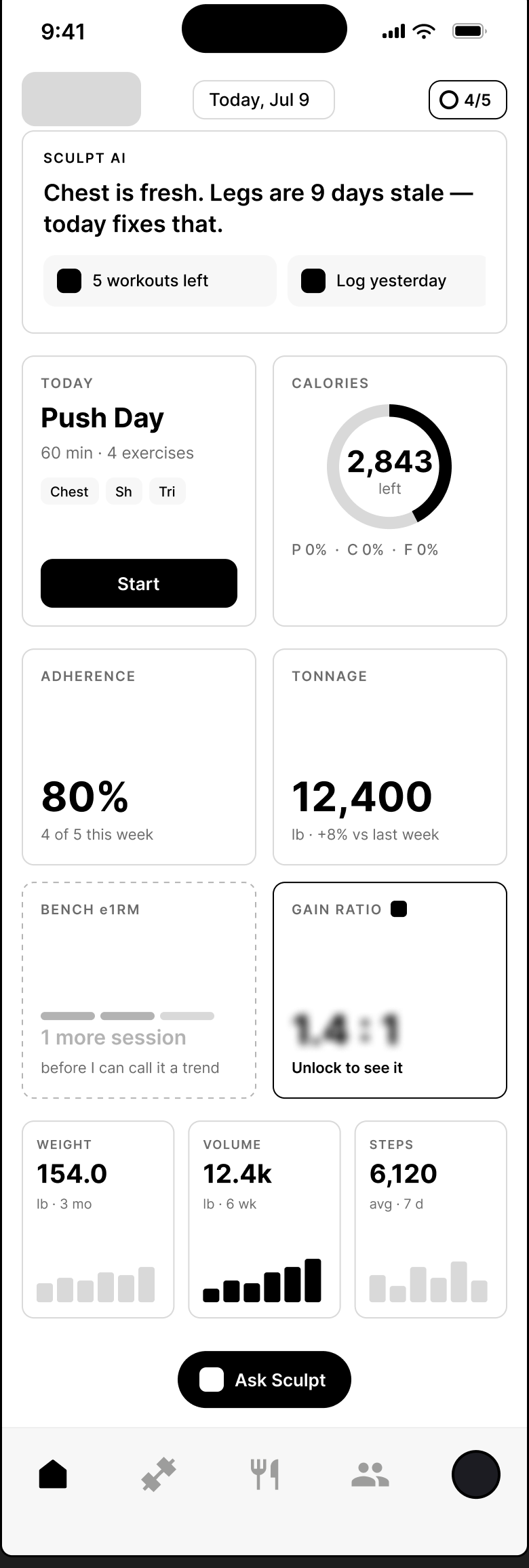 The dashboard pass: a coach band, a two-up today row, a two-by-two stat grid and three sparklines.