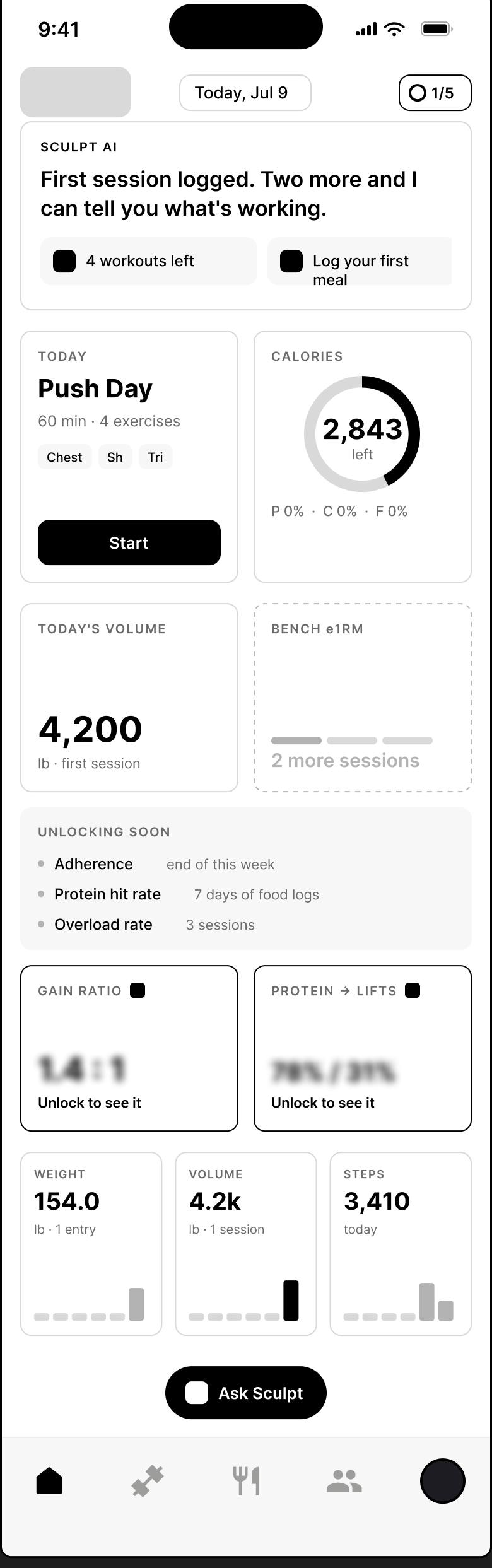 The dashboard for a user with one logged session, showing one insufficient tile and an UNLOCKING SOON group of locked stats.