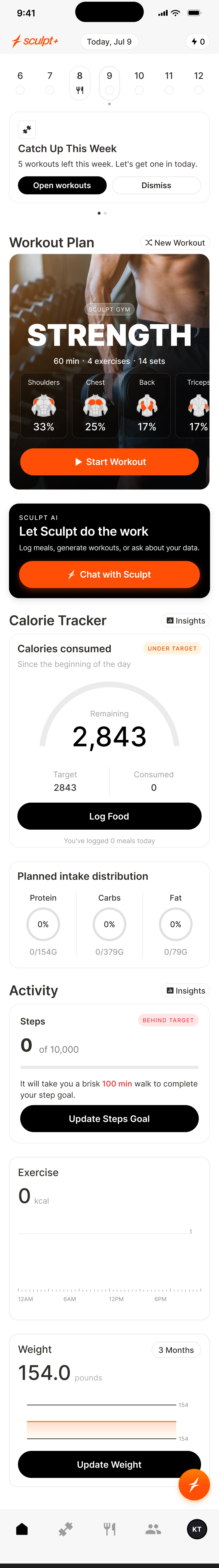 The shipped sculpt+ home screen: thirteen stacked full-width blocks including workout plan, calorie tracker and three chart cards.